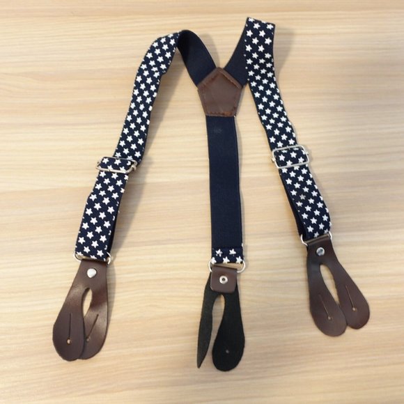 Suspender Boy Blue Dark White Button Leather Y Back Adjustable Stretch Star Fun - Picture 1 of 7